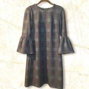 Calvin Klein Plaid Bell Sleeve Dress Houndstooth Pattern Knee Length Back Zip
